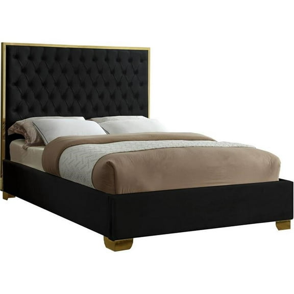 Maklaine 58.5''H x 59''W x 81.5''D Solid Wood and Velvet Full Bed in Black