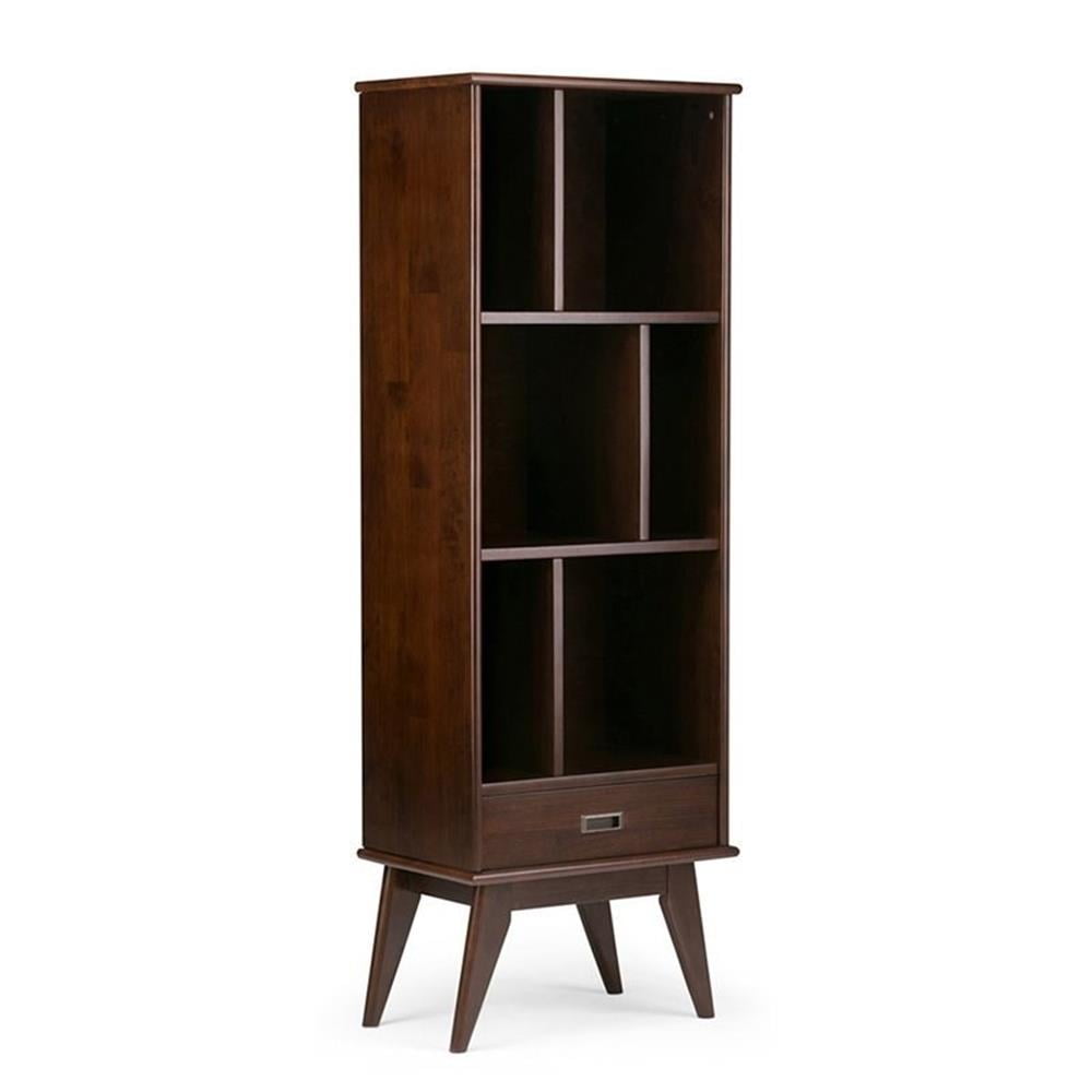 Medium Auburn Brown Solid Hardwood Mid-Century Modern Bookcase with Drawer