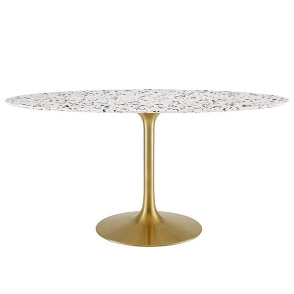 Maklaine 60" Oval Modern Terrazzo/Metal Dining Table in Gold/White