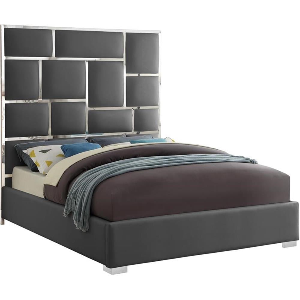 Maklaine 70''H x 65.5''W x 84.5''D Solid Wood and Faux Leather Queen Bed in Gray