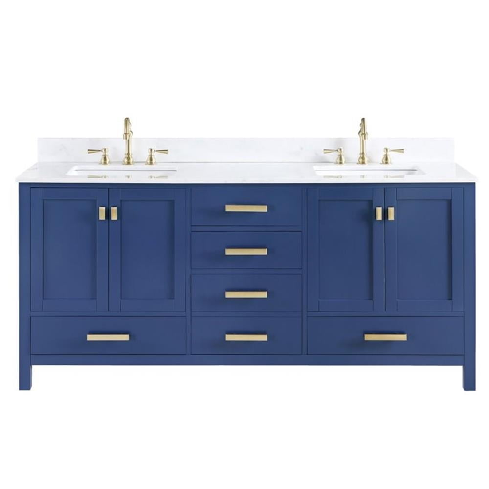 Blue and Gold 72" Double Bathroom Vanity with Calacatta White Countertop