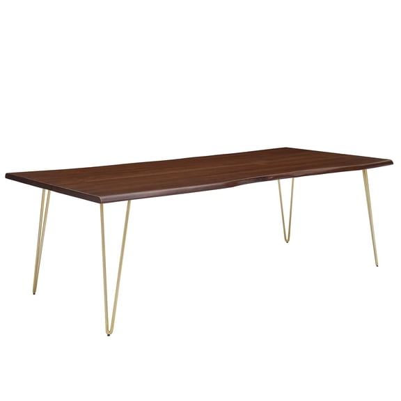 Maklaine 96" Live Edge Acacia Wood and Metal Dining Table in Gold/Walnut