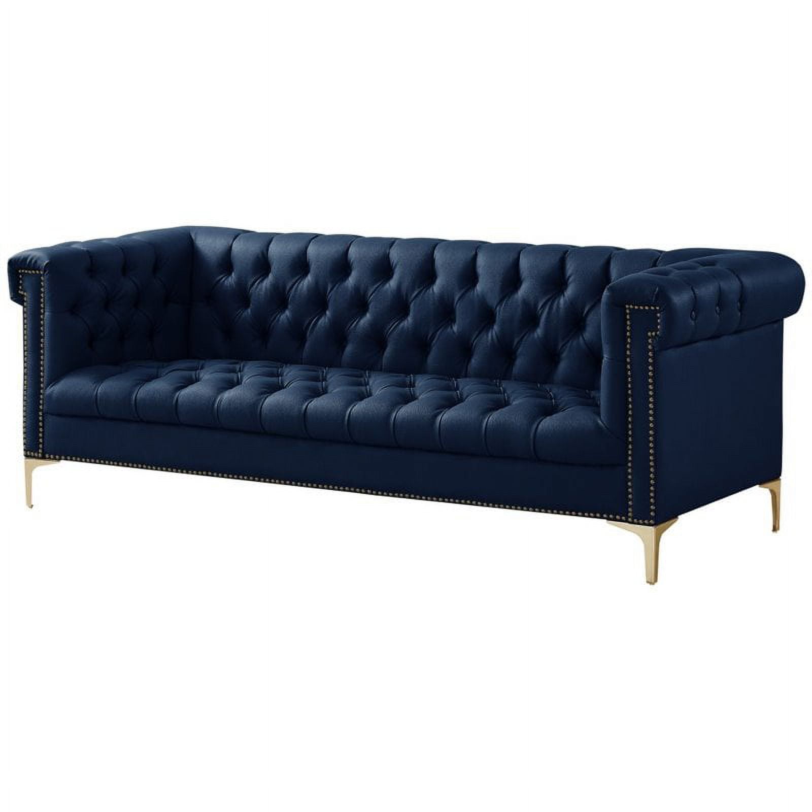 Maklaine Button Tufted Leather Chesterfield Sofa in Navy Blue/Gold