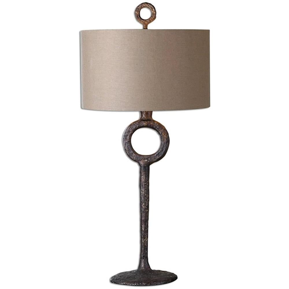 Aged Rust Bronze Cast Iron Table Lamp with Beige Drum Shade
