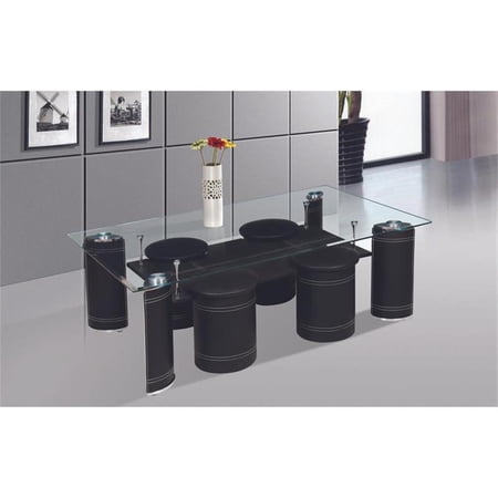 Maklaine Clear Glass Coffee Table with Black Faux Leather Stools & Base