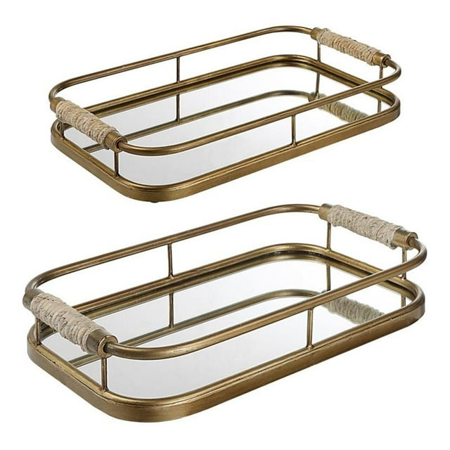 Maklaine Coastal Metal & Rope Trays in Brushed Gold and Natural (Set of 2)