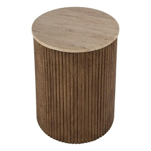 Maklaine Contemporary 15" Round Travertine and Fluted Wood Side Table