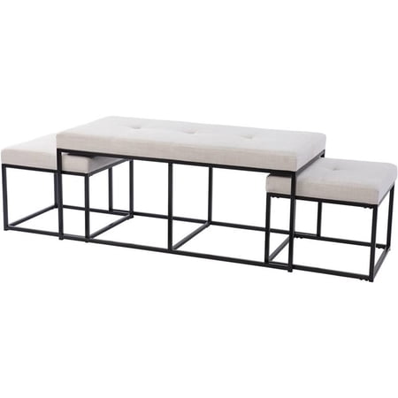 Maklaine Contemporary 3 Piece Linen Upholstered Nesting Ottoman Set in White