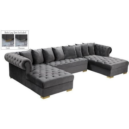 Maklaine Contemporary 3pc Velvet Sectional in Gray