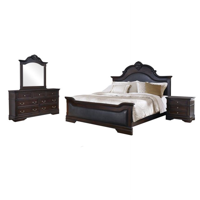 Maklaine Contemporary 4piece Queen Carved Wood Bedroom Set Cappuccino