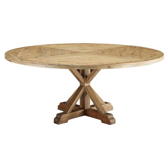 Maklaine Contemporary 71" Round Pine Wood Dining Table in Brown