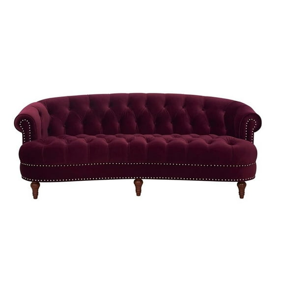 Maklaine Contemporary 84" Tufted Sofa in Burgundy Velvet