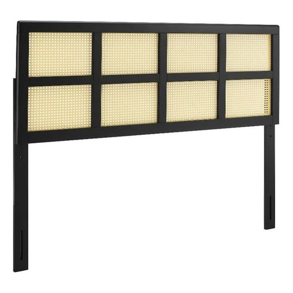 Maklaine Contemporary Cane Rattan and Rubberwood King Headboard in Black