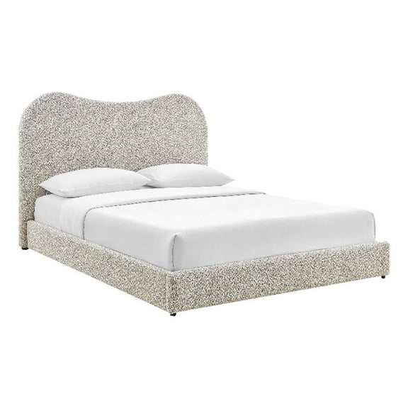 Maklaine Contemporary Curved Padded Headboard Boucle Queen Platform Bed in Gray