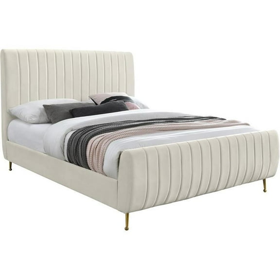 Maklaine Contemporary Deep Detailed Channel Tufted Rich Cream Velvet King Bed