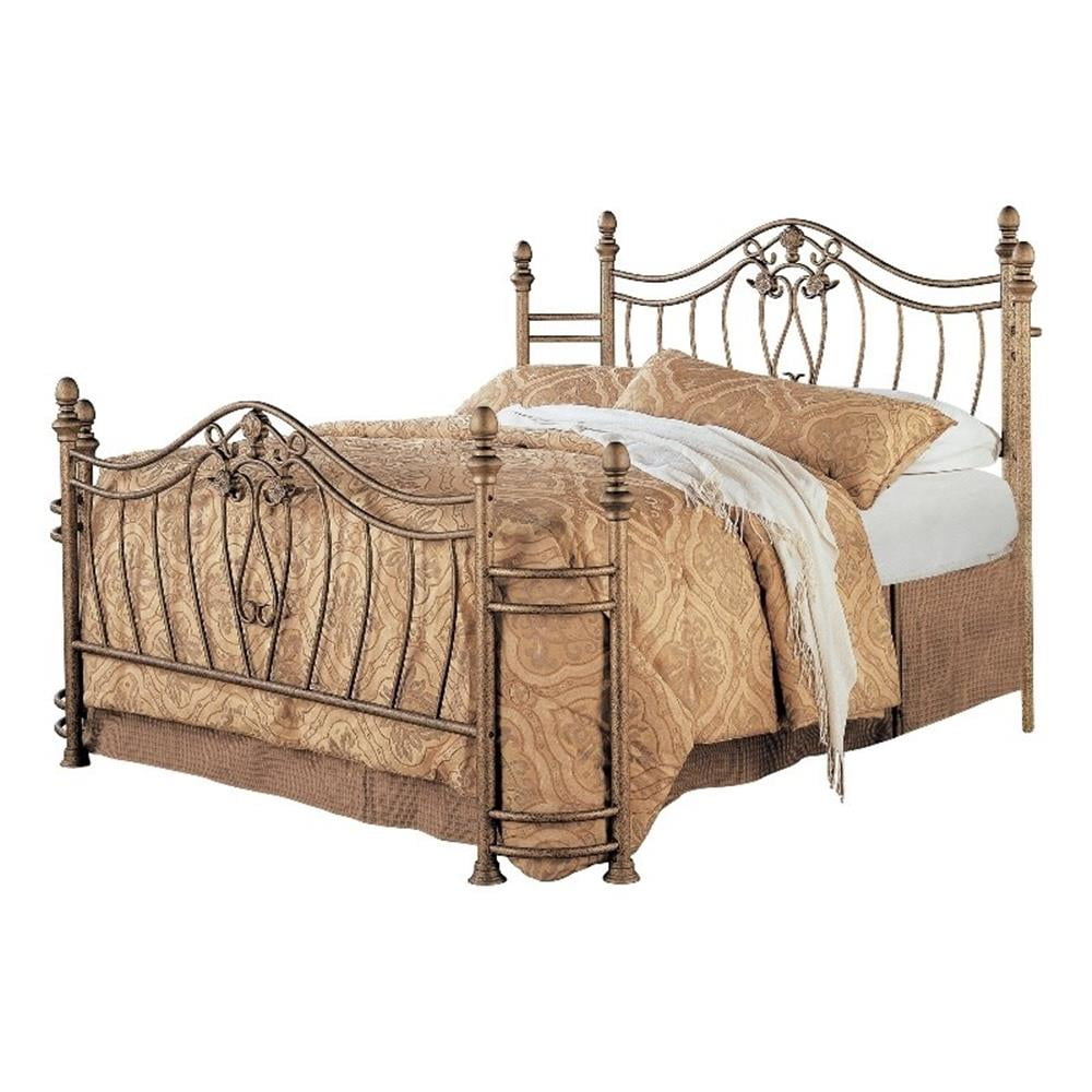 Antique Brushed Gold King Metal Bed with Ornate Headboard