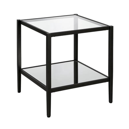 Maklaine Contemporary Metal Glam Side Table with Mirrored Shelf in Black