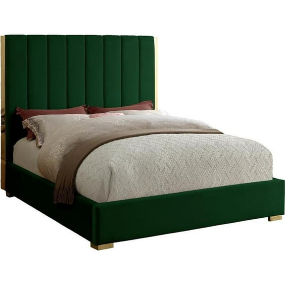 Maklaine Contemporary Metal and Velvet Queen Bed in Green