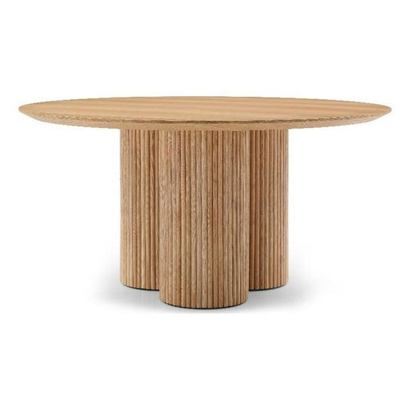 Maklaine Contemporary Natural Oak Veneer Solid Wood Fluted Base Dining Table