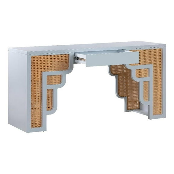 Maklaine Contemporary Pastel Blue & Woven Rattan Accents Desk
