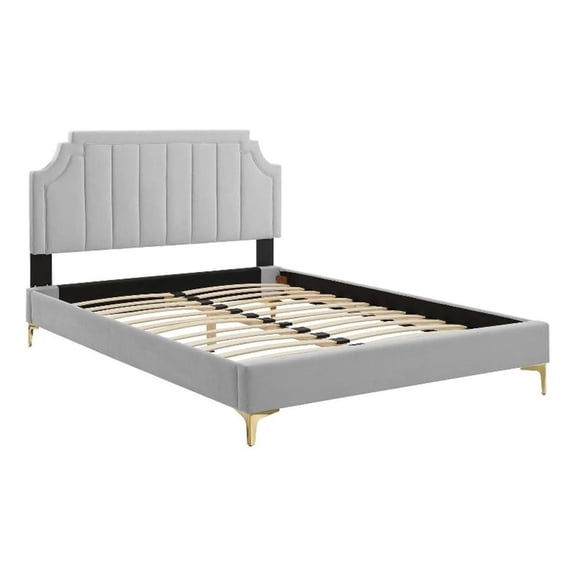 Maklaine Contemporary Performance Velvet Full Platform Bed in Light Gray