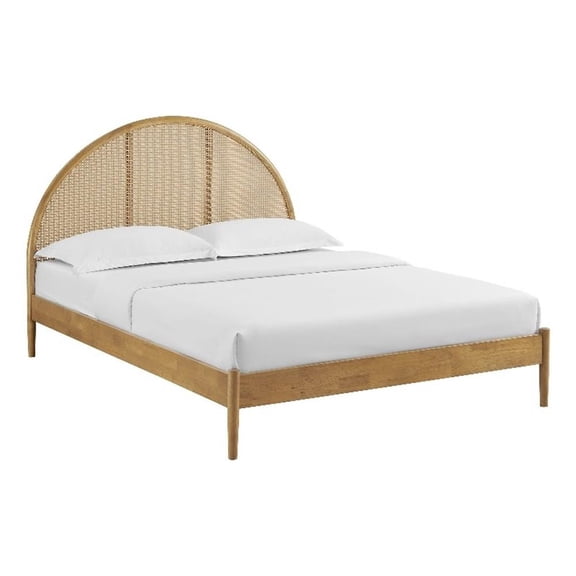 Maklaine Contemporary Rattan Cane Headboard Platform Bed in Oak