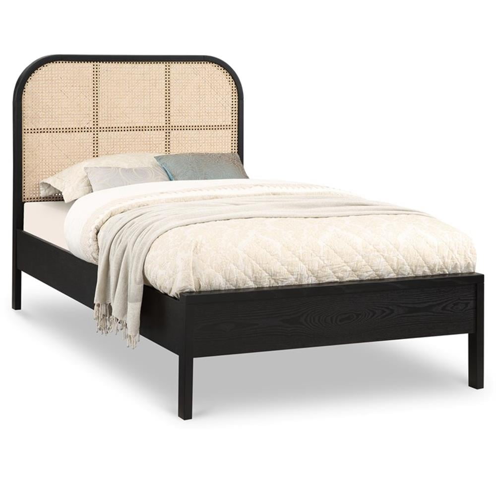 Black Ash Wood Twin Bed with Cane Headboard