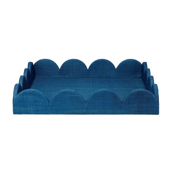 Maklaine Contemporary Scalloped Natural Raffia Decorative Tray in Indigo