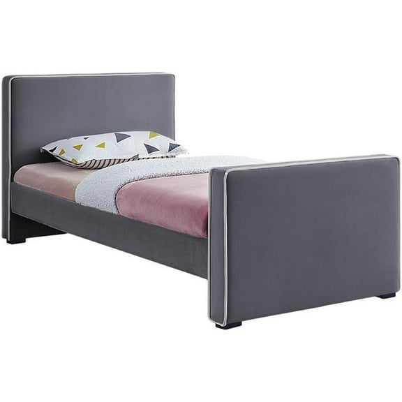 Maklaine Contemporary Soft Gray Velvet With Cream Velvet Piping Twin Bed
