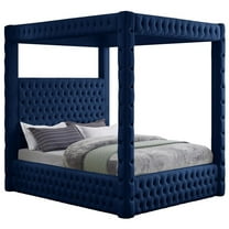 Maklaine Contemporary Soft Rich Navy Finish Tufted Velvet King Bed
