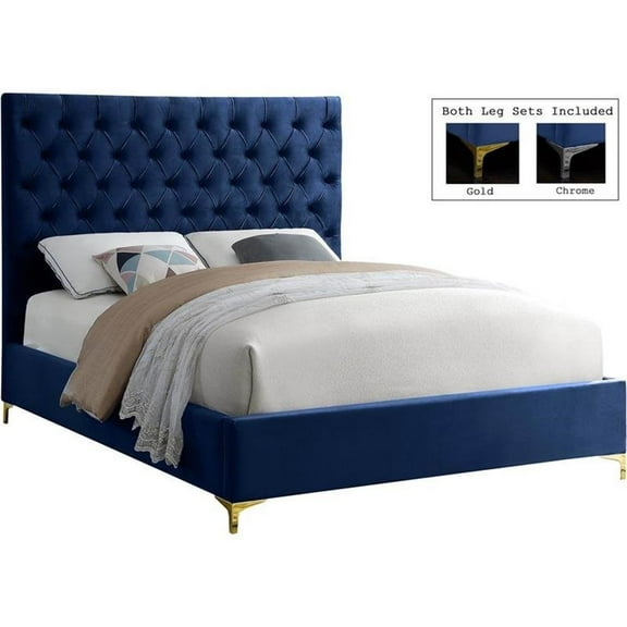 Maklaine Contemporary Solid Wood Tufted Velvet Full Bed in Navy