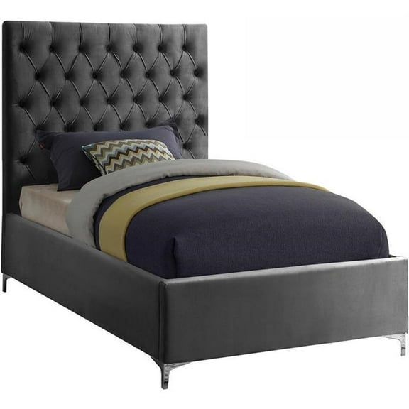 Maklaine Contemporary Solid Wood Tufted Velvet Twin Bed in Gray