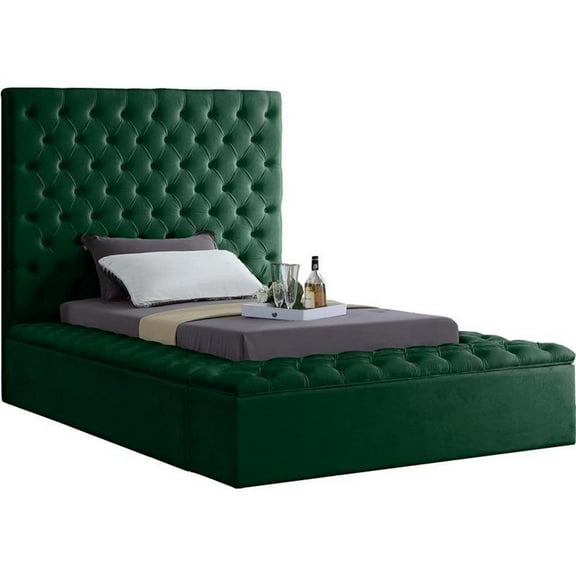 Maklaine Contemporary Solid Wood Tufted Velvet Twin Bed in Green