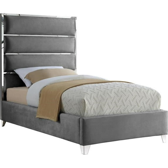 Maklaine Contemporary Solid Wood and Rich Velvet Twin Bed in Gray