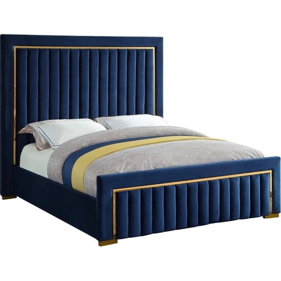Maklaine Contemporary Solid Wood and Velvet King Bed in Navy