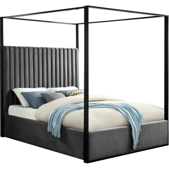 Maklaine Contemporary Solid Wood and Velvet Queen Bed in Gray