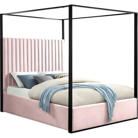 Maklaine Contemporary Solid Wood and Velvet Queen Bed in Pink