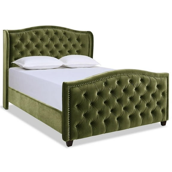 Maklaine Contemporary Tufted Wingback Queen Bed in Olive Green