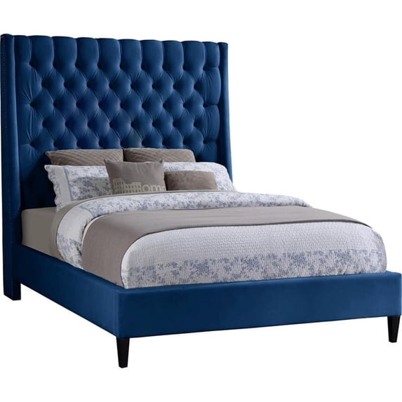 Maklaine Contemporary Upholstery Navy Velvet Queen Bed