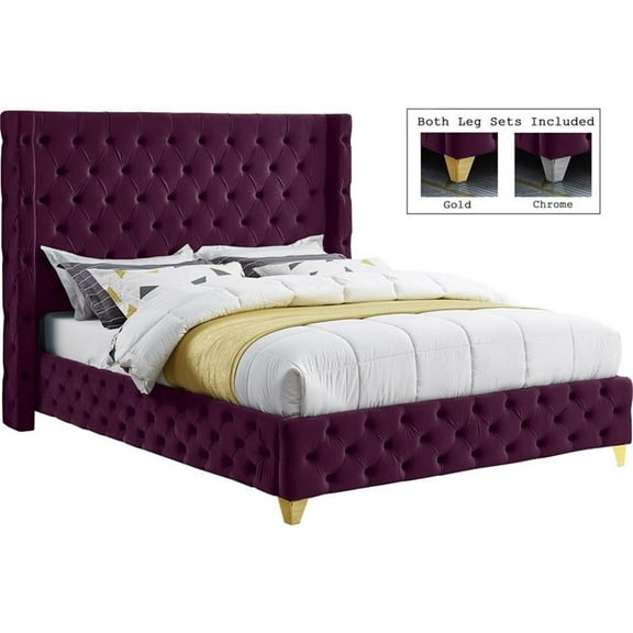 Maklaine Contemporary Upholstery Purple Velvet King Bed