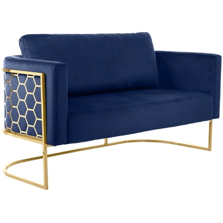 Maklaine Contemporary Velvet Loveseat with Iron Base in Navy