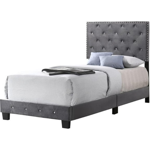 Maklaine Contemporary Velvet Upholstered Twin Bed in Gray Finish