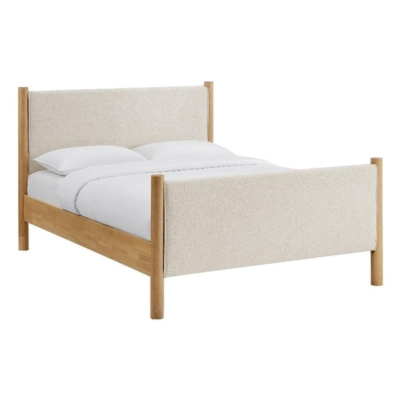 Maklaine Contemporary Wooden Bed Frame Upholstered Platform Bed in Ivory Oak