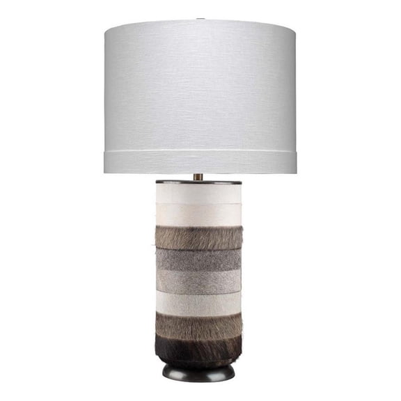 Maklaine Cowhide and Steel Table Lamp With Linen Shade in Gray/White/Bronze