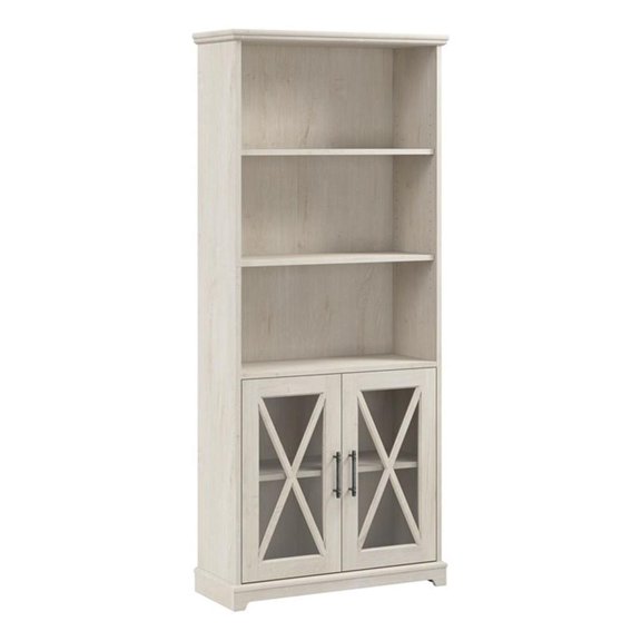 Maklaine Engineered Wood 5 Shelf Bookcase with Glass Doors in Linen White Oak