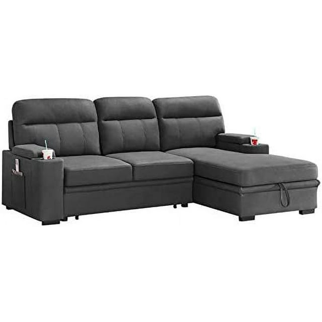 Maklaine Fabric Sleeper Sectional Sofa Chaise with Storage in Gray