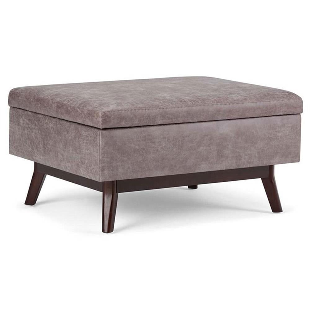 Mid-Century Modern Distressed Gray Taupe Wood Storage Ottoman