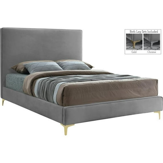 Maklaine Gray Velvet Queen Bed with Gold and Chrome Legs Included