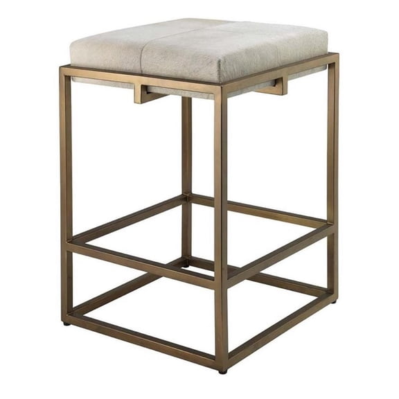 Maklaine Hand-Forged Iron and Hide Counter Stool in Antique Brass