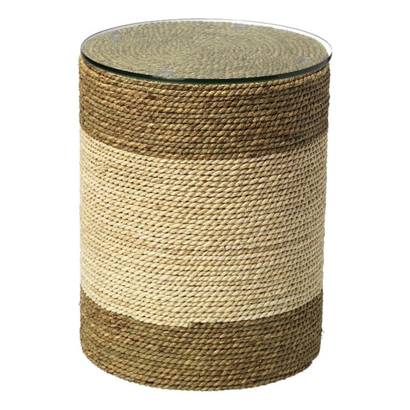 Maklaine Hand-Roped Corn Straw and Glass Side Table in Natural/Off White
